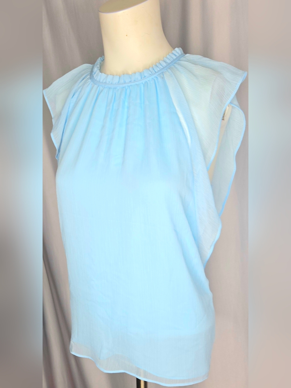 Calvin Klein Light Baby Blue Flutter Sleeve Pleated Neck Blouse NWOT